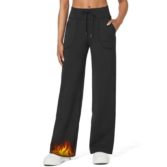 Fleece Lined Wide Leg Pants Women's Winter Work Office Casual Drawstring